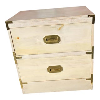 Vintage Solid Pine Antiqued Whitewash Bedside Campaign Chest of Drawers For Sale