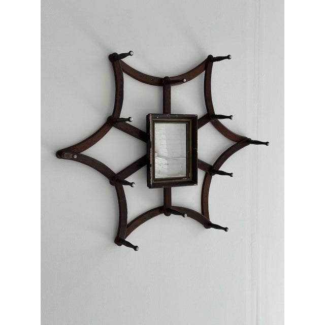 Late 19th Century Antique Victorian Walnut Spiderweb Accordion Wall Rack With Central Mirror, Circa 1880s For Sale - Image 5 of 17