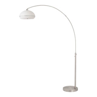 1960s Nova of California Simple Morelli Nickel Floor Lamp - Mid Century Modern Arc Lamp, Satin Nickel, Steel Base, Lucite Shade, Dimmable For Sale