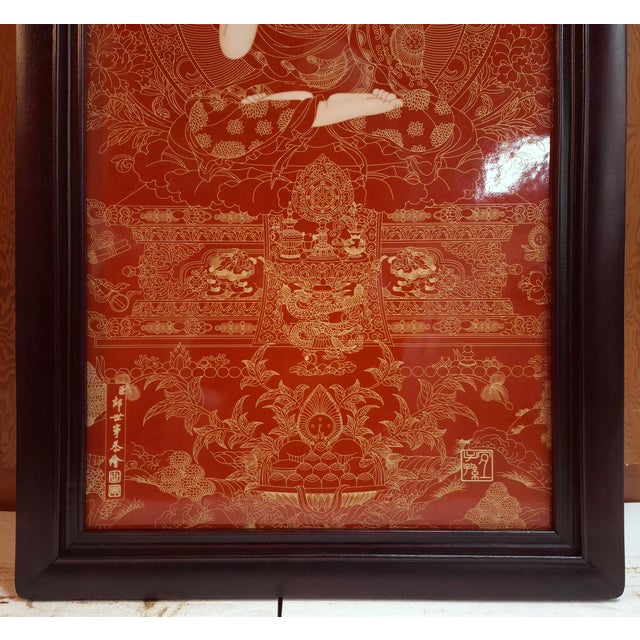 Chinese framed porcelain Buddhist temple plaque of the seated Buddha, a finely drawn depiction of The Buddha, seated in...