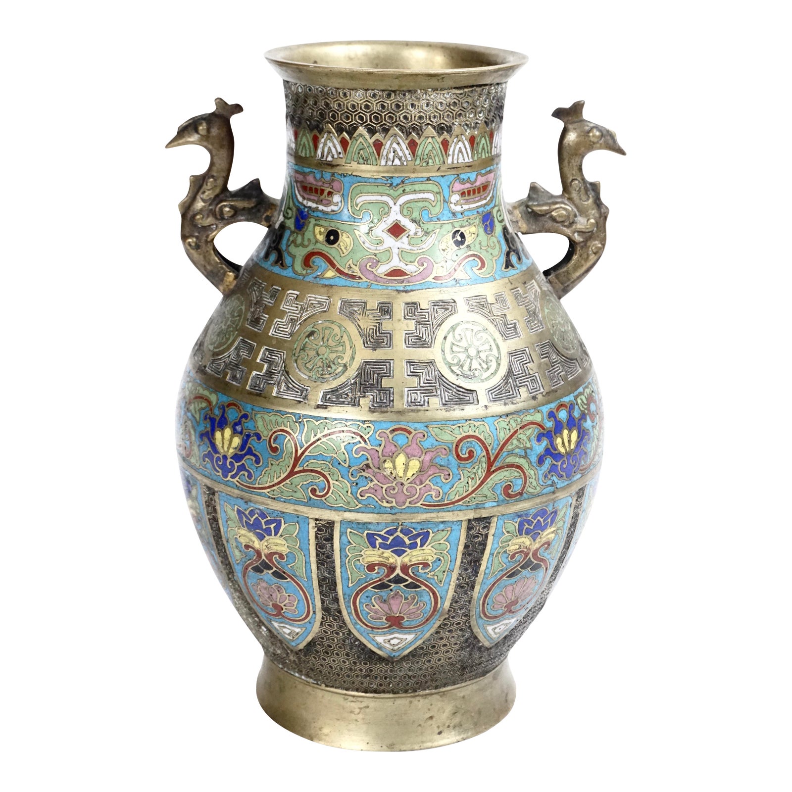 Stately Antique Cloisonné Vase/Urn Large Meiji Period Colorful