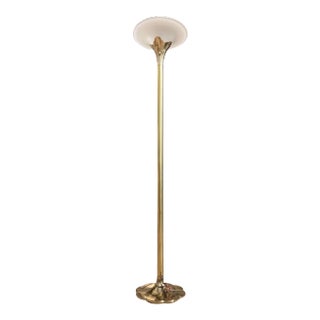 Modernist Solid Brass Tulip Torchiere Floor Lamp Milk Glass Diffuser by the Stiffel Company For Sale