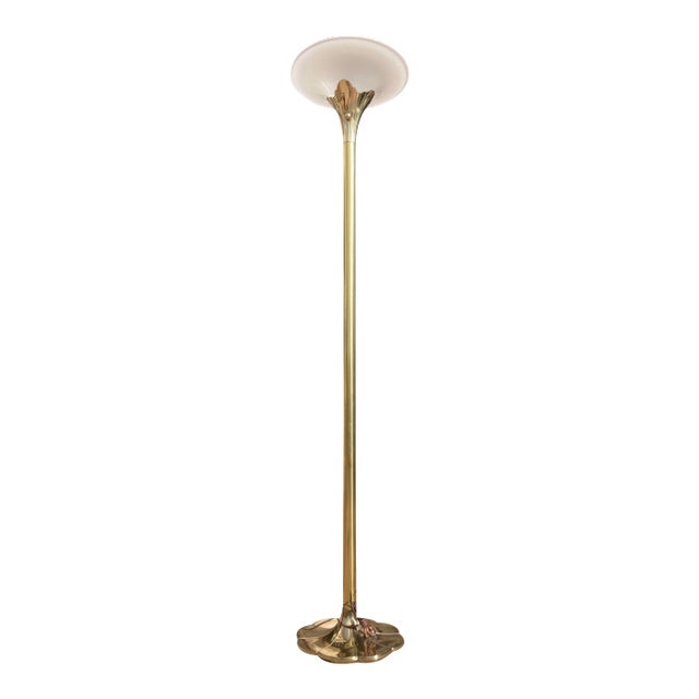 Modernist Solid Brass Tulip Torchiere Floor Lamp Milk Glass Diffuser by the Stiffel Company For Sale