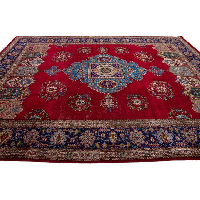 Textile 1950s Red Tabriz Persian Wool Rug Handknotted With a Center Medallion Design For Sale - Image 7 of 7