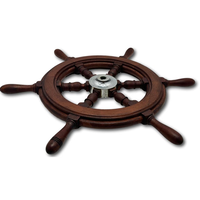 Fine Vintage Hand Made Large 25 Inch Authentic Mahogany & Rhodium Plated Brass Yacht - Ships Wheel - Mid 1900s For Sale - Image 9 of 18