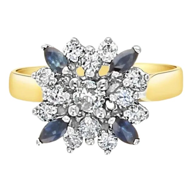 Diamond & Sapphire Flower Ring .75cttw 14K Yellow Gold, Size 4 For Sale