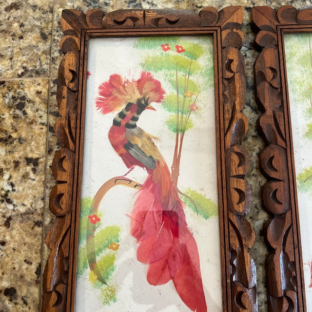 Vintage 1970’s Art. Mexican feather craft of birds. hand carved cedar frame. In wonderful vintage condition no chips or...
