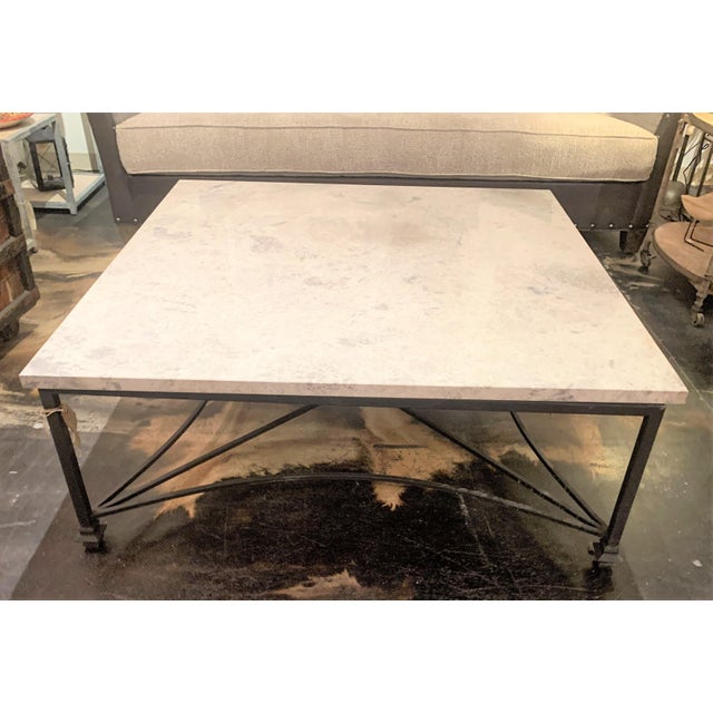 Bella Gray Stone Coffee Table With Flat Black Wrought Iron Base by Ella