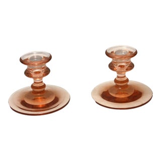 Early 20th Century Clear Pink Depression Glass Round Footed Candle Holders - Set of 2 For Sale