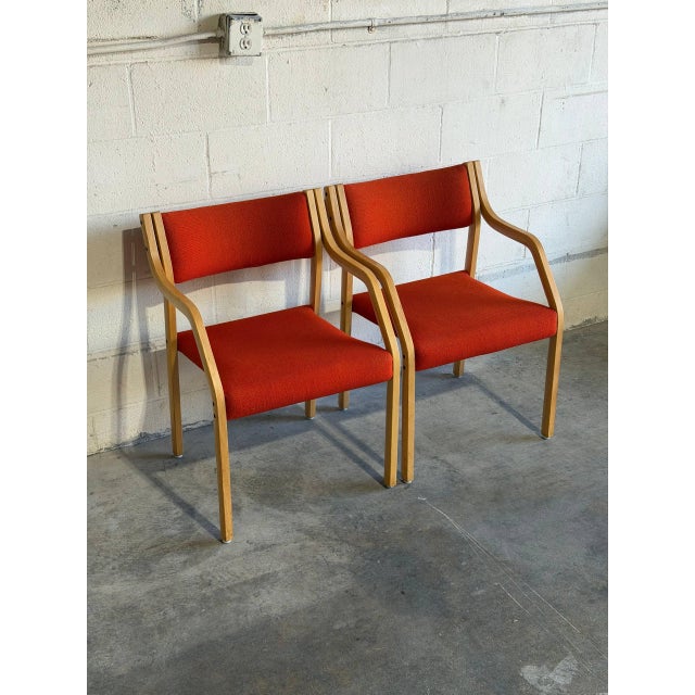 Mid-Century Modern Red Fabric Bentwood Armchairs Pair Scandinavian Mid-Century Modern 1970s For Sale - Image 3 of 12