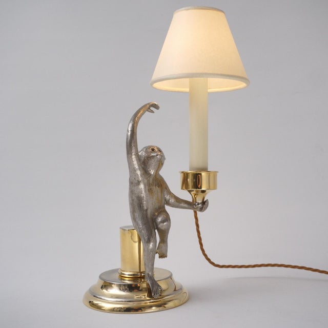1970's Italian Surrealist Monkey Candlestick Table Lamp by Hauy Pouigo, Signed, Silver Plated Bronze & Brass - Rewired For Sale - Image 13 of 14