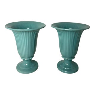 Pair of Vintage 1960s Haeger Aqua Vases For Sale