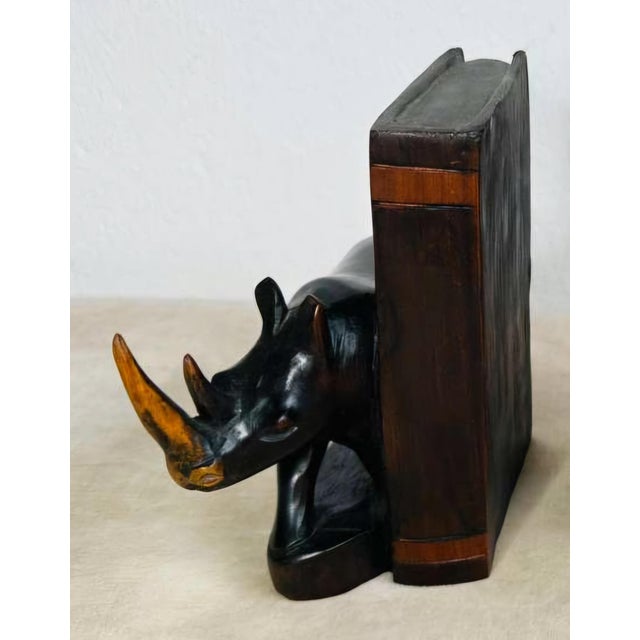Wood Pair of Antique Carved Wooden Rhinoceros Bookends, Ebonized Finish. For Sale - Image 7 of 9