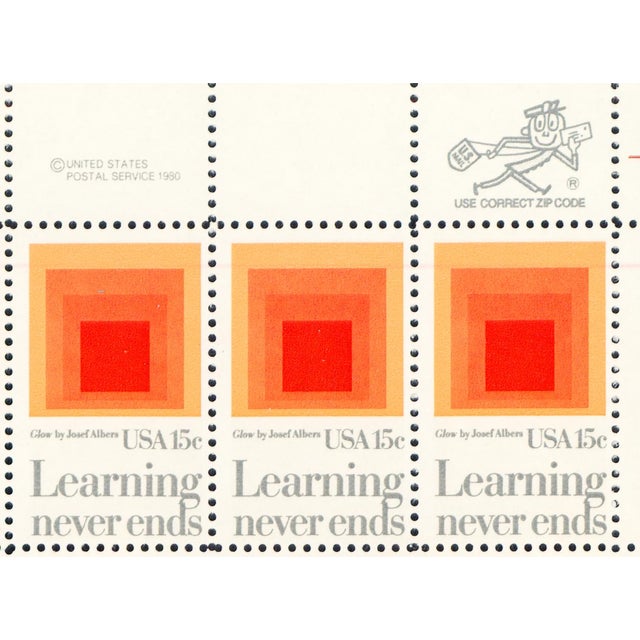 Rare full sheet of 50 commemorative stamps issued in 1980 featuring Josef Albers' 1966 painting "Glow" from his "Homage to...