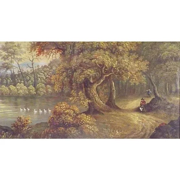 French Antique Lakeside Landscape Gouache Painting For Sale - Image 3 of 4