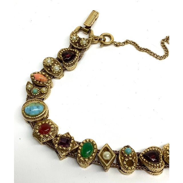 Gold Vintage Goldette Multi Semiprecious Stone Goldtone Bracelet For Sale - Image 8 of 10