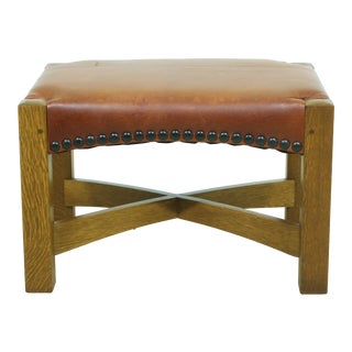 Stickley Gustav Design Mission Oak Leather Foot Stool or Ottoman For Sale
