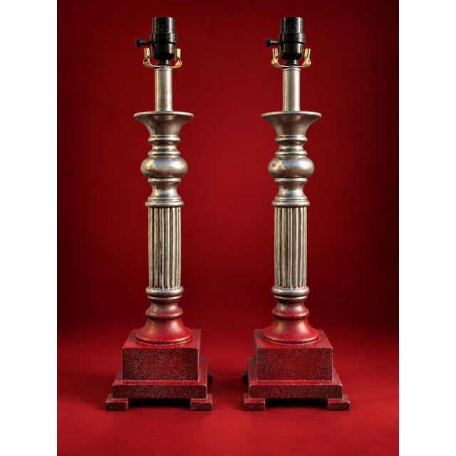 Neoclassical Silver-Tone & Red Column Table Lamps - Pair For Sale - Image 4 of 5