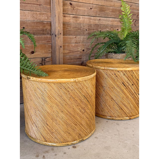 Mid-20th Century Organic Modern Refinished Pencil Rattan Drum Side Tables by Maitland-Smith-Pair For Sale - Image 11 of 12