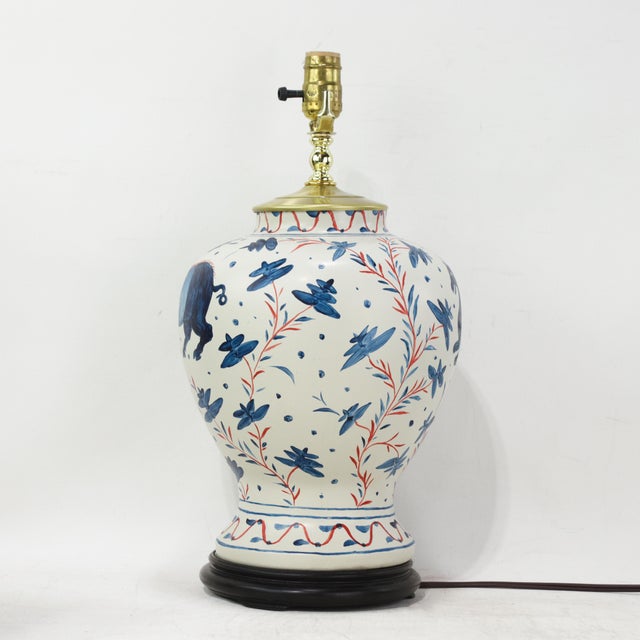 Ceramic Pair of Vintage Brunschwig & Fils Cadiz Table Lamps - Blue and Cream Ceramic With Boar and Deer Motif For Sale - Image 7 of 15