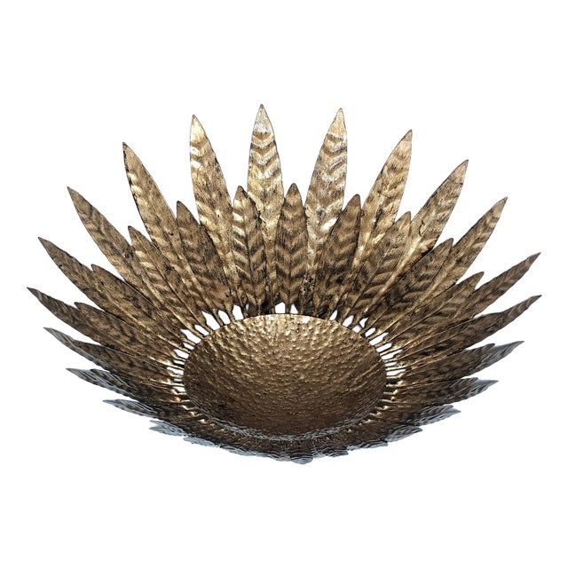 Spanish Metal Gold Leaf Sunburst Ceiling Fixture, 1960s For Sale