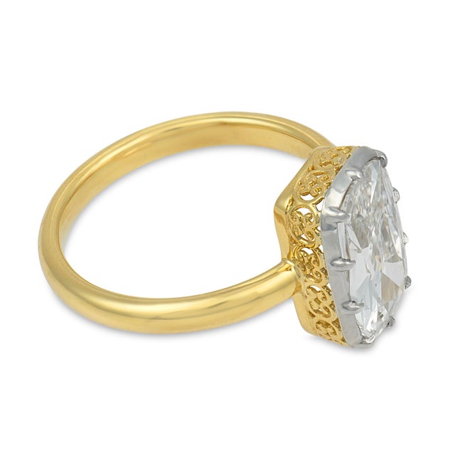 Mid 20th Century Gia 1.81 Carat Elongated Old Mine Cut Diamond 18k Yellow Gold Engagement Ring, Size 6.25 For Sale - Image 4 of 7