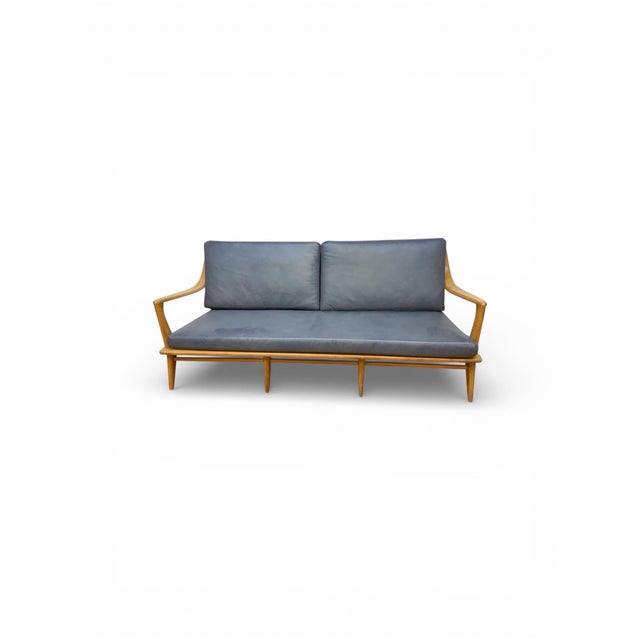 Blue Mid 20th Century Heywood Wakefield Aristocraft Sofa Newly Reupholstered in Leather For Sale - Image 8 of 12