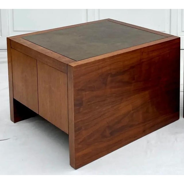 Mid 20th Century Mid-Century Modern Harry Lunstead Style Wood Cabinet Side Table With Etched Metal Top For Sale - Image 5 of 11