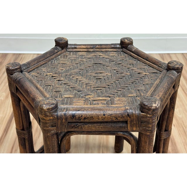 Late 20th Century Vintage Hexagonal Rattan and Woven Wicker Side Table For Sale - Image 5 of 8