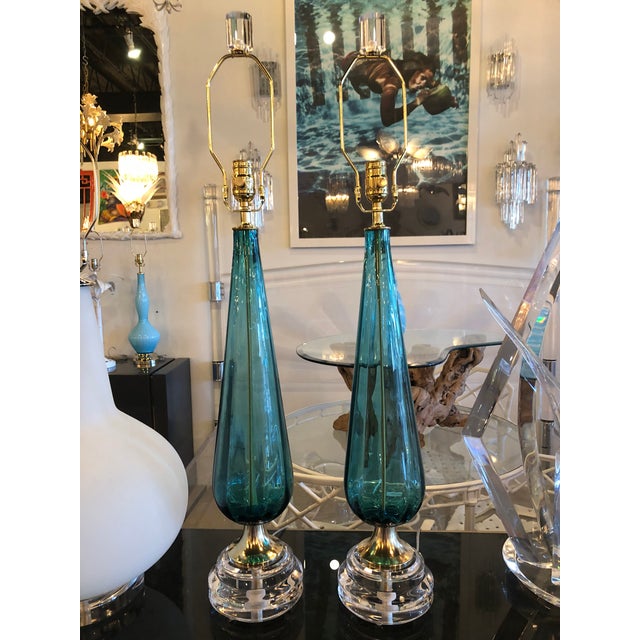 Vintage Murano Hollywood Regency Aqua Blue Glass Lucite Brass