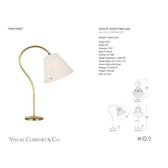 Amber Lewis by Visual Comfort Signature Dume 24" Arched Table Lamp in Hand-Rubbed Antique Brass with Silk Pleated Shade...