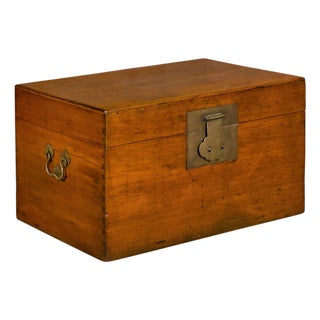 19th Century Oak Blanket Chest with Brass Hardware and Lateral Handles For Sale