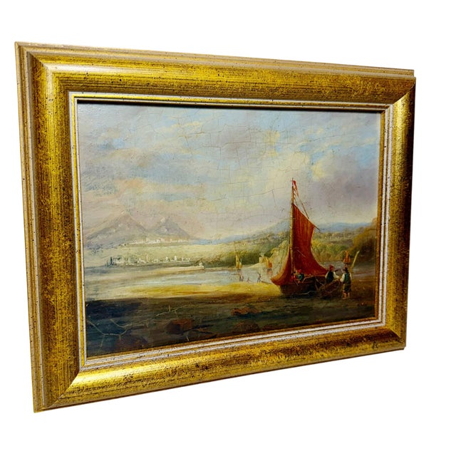 A charming early 19th century Italian coastal scene executed in oil on board, likely created as part of the Grand Tour...