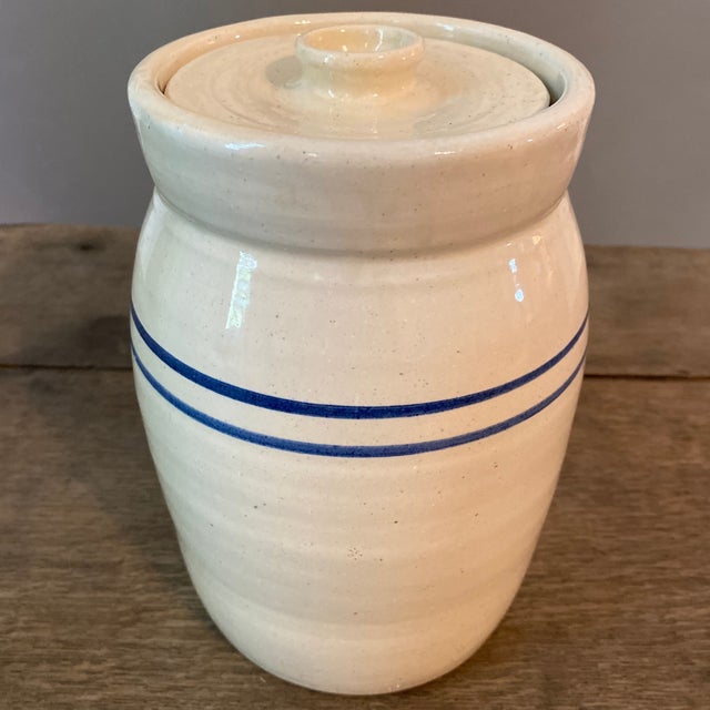 Farmhouse Vintage Signed Marshal Pottery Stoneware Crock Jar and Lid With Double Cobalt Stripes For Sale - Image 3 of 12