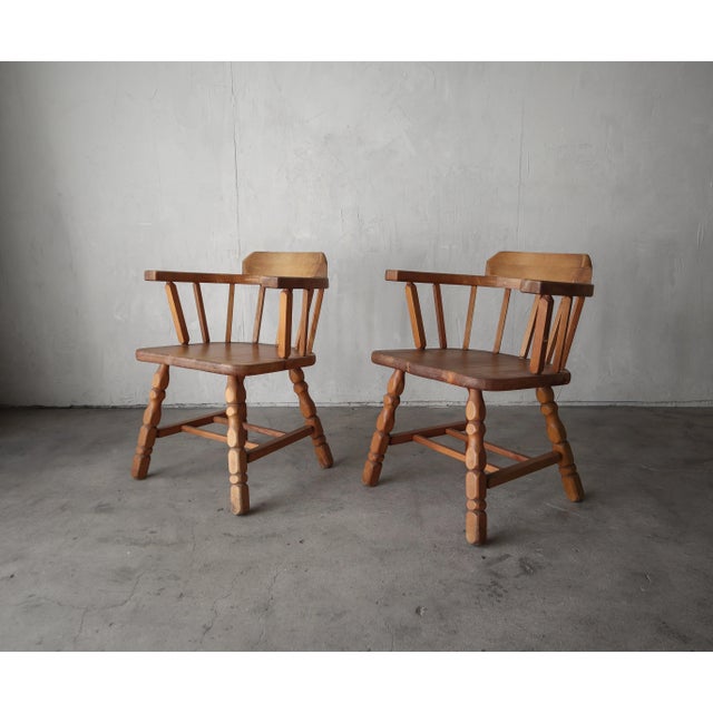 Pair of Antique Craftsman Wood Barrel Arm Chairs For Sale - Image 4 of 9