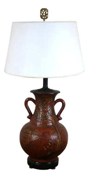 1990s Maitland Smith Red Coromandel Lacquer Chinoiserie Urn Table Lamp
