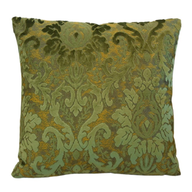 Custom-tailored designer pillow in a beautiful botanical leaves floral cotton-blend cut velvet fabric. Complementary green...