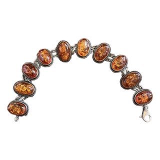 1980s Sterling Silver and Amber Link Bracelet For Sale