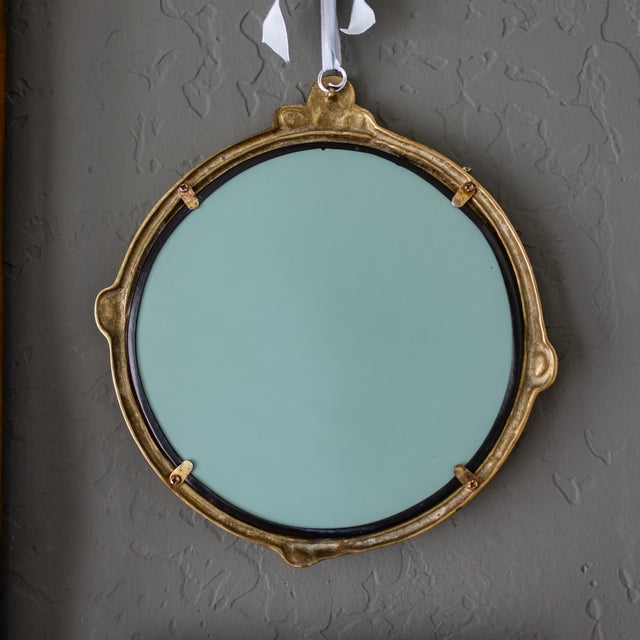 Brass Art Nouveau Round Mirror of Woman With Flowers For Sale - Image 10 of 10
