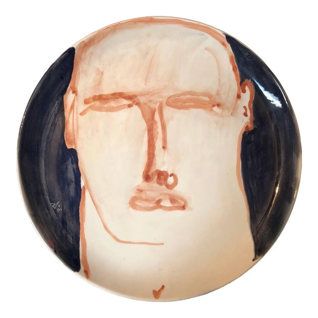 Luigi Benzoni, Contemporary Italian Painted Ceramic Artist Plate Brutalist Face Painting, 1994 For Sale