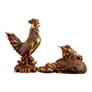 Brass Rooster and Wealth Toad (Jinchan) Fortune Set - High-Relief Chiseled Copper Coin-Bringing Figurines For Sale