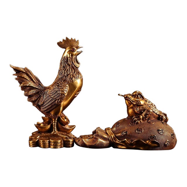 Brass Rooster and Wealth Toad (Jinchan) Fortune Set - High-Relief Chiseled Copper Coin-Bringing Figurines For Sale