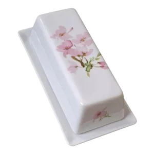 1970s Liette International Pink Dogwood Blossoms Ceramic Covered Butter Dish
