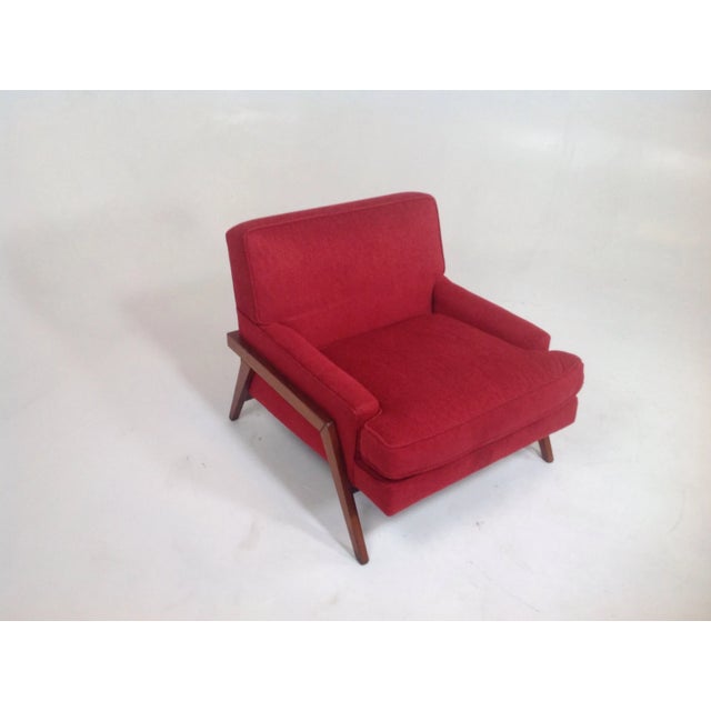 Mid century lounge chairs. Set was reupholstered for listing. Walnut wood trim was refinished. We used a red chenille,...