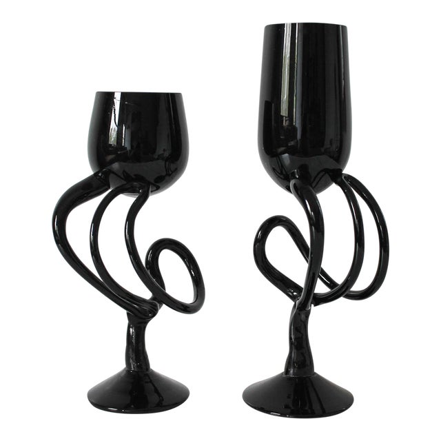 Vintage Hand Blown Black Art Glass Goblets S/2 For Sale