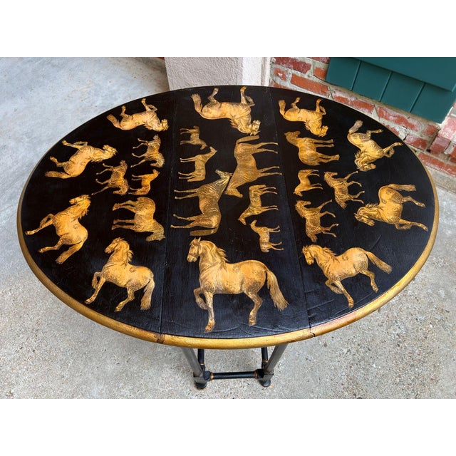 Wood Antique English Drop Leaf Side Table Horse Equestrian Chinoiserie Petite Oak For Sale - Image 7 of 18
