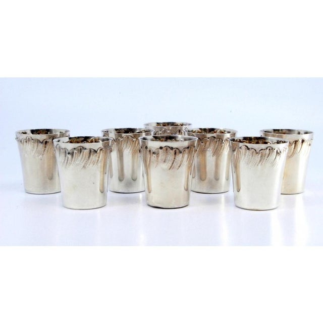 Liqueur Glasses in Embossed Silver, Set of 8, in Very Good conditions. Designed from 2000 This piece has an attribution...