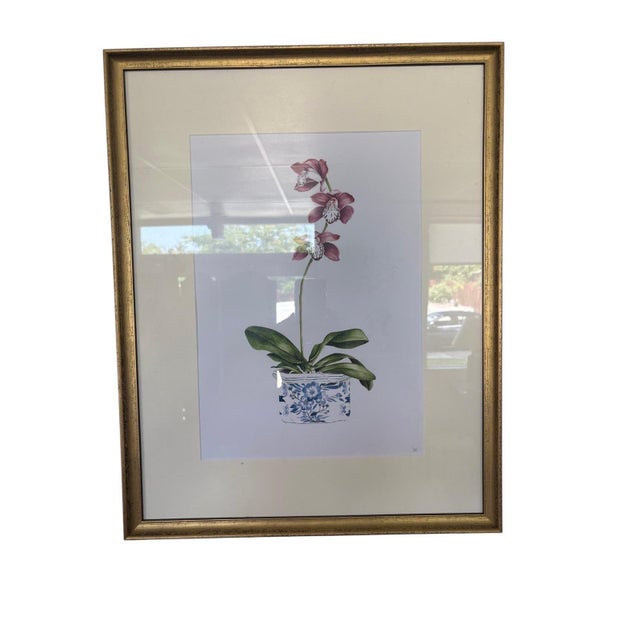 Chinoiserie Pair of Vintage Framed Orchid Botanical Prints in Chinoiserie Pots For Sale - Image 3 of 12