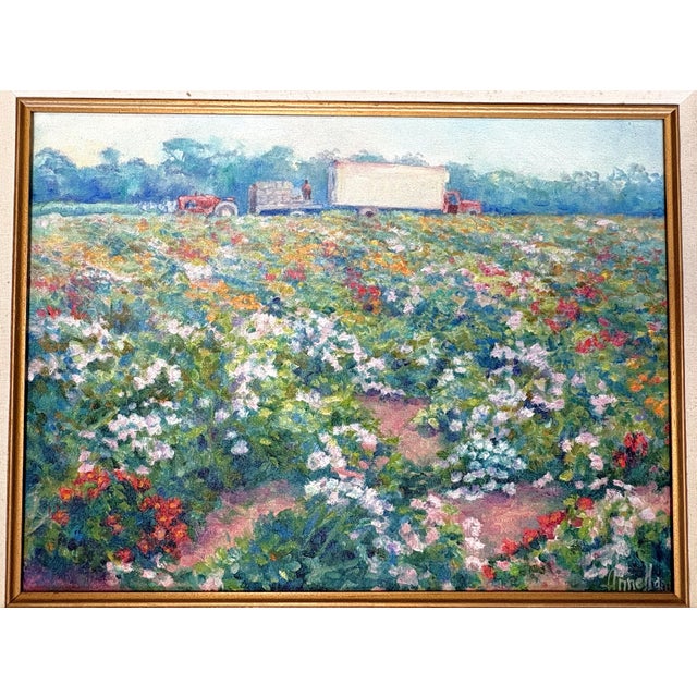Shabby Chic Annella Low (American, 1934-2024) Original Signed and Framed Oil on Canvas C1988 Titled 'Flower Farm' For Sale - Image 3 of 15