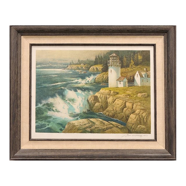 Framed “New England Lighthouse” Coastal Seascape Lithograph by Tom Nicholas, 1977 (Franklin Mint Gallery) For Sale